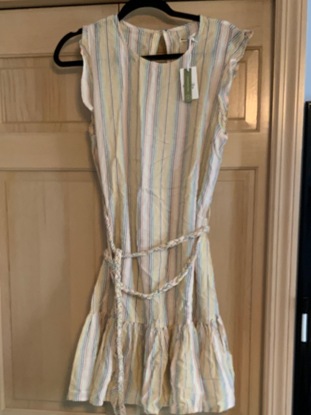 Marine Layer Yellow Multi-Stripe Sleeveless Mini Dress with Braided Belt